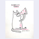 Illustration of a cat holding a pizza with text 'My body is a temple' on a white background.