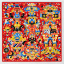 Colorful abstract painting on a red background