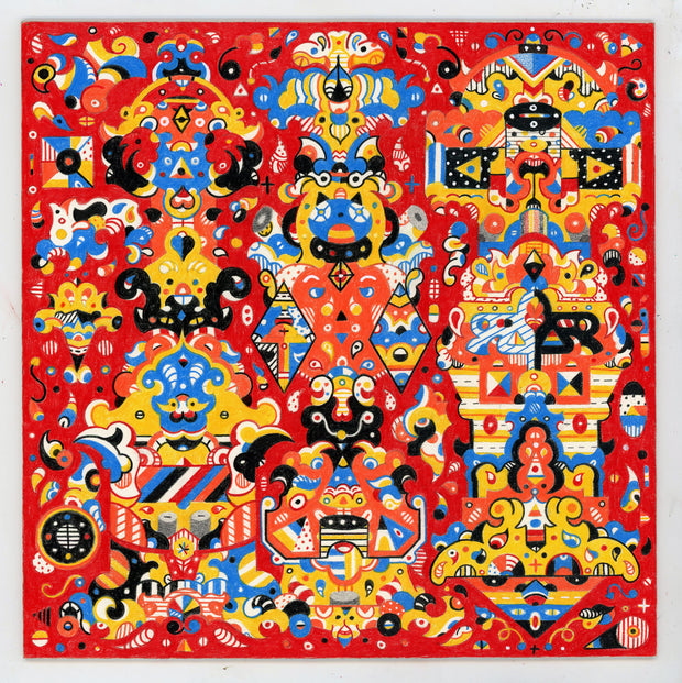 Colorful abstract painting on a red background