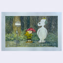 A Peanuts themed artwork featuring Charlie Brown and Snoopy standing in the rain under a red umbrella, with a tree and a sign in the background.