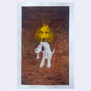 A whimsical artwork featuring a yellow cartoon bird with wings carrying a white and black dog, flapping aggressively to hold them up, set against a textured brown background. 