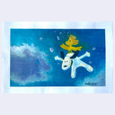 A painting showing a a yellow bird flying above a white dog with black ears, set against a blue sky background. The artwork is presented on a white paper sheet against a light gray background.
