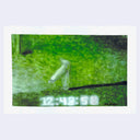 Artwork mimicking the style of a night vision camera, with a 2-legged white creature walking and a time stamp of 12:48:58