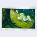 A hand-drawn artwork depicting three white ghosts with small black eyes walking along a glowing yellow-green path in a dark forest at night under a starry sky. 