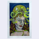 A surreal artwork depicting Medusa with green snakes and a yellow moon on a dark blue background, presented on a white paper sheet against a light gray backdrop.