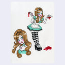 2 illustrations on the same page of a stylized Alice from Alice in Wonderland, one is of just her face, posed in a cute manner, and the other is of her painting a flower red.