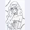 Black ink line art of of a Frankenstein girl, with a large line of stitches across her face and around her neck.