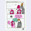 5 panel comic about a girl with pink hair being followed by a bee.