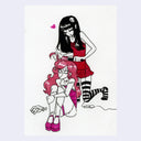 Illustration of 2 girls, one is curling the hair of a pink haired zombie girl.