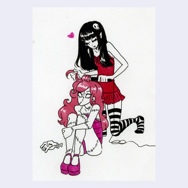 Illustration of 2 girls, one is curling the hair of a pink haired zombie girl.