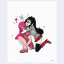 Drawing of a stylized Marceline and Princess Bubblegum from Adventure Time - made to look like more realistic girls. They are both kneeling or crouched on the ground, with Marceline hugging PB from behind.