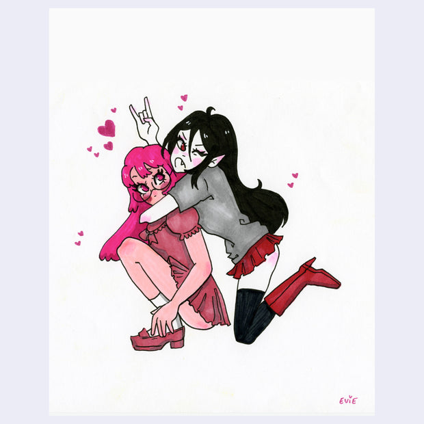 Drawing of a stylized Marceline and Princess Bubblegum from Adventure Time - made to look like more realistic girls. They are both kneeling or crouched on the ground, with Marceline hugging PB from behind.