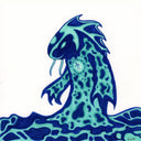 Illustration of a water monster, emerging from the ocean with a small person inside of its chest.