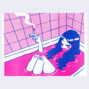 Illustration of a girl in a bathtub with pink water and blue tiles. She smokes a cigarette with her eyes closed.