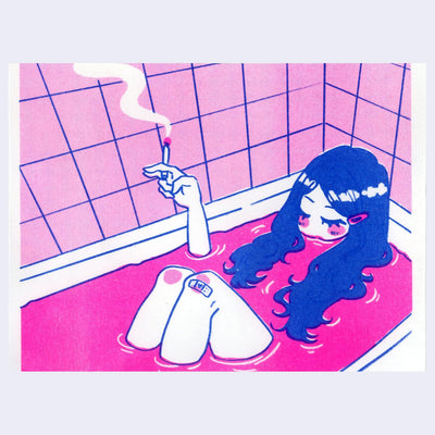 Illustration of a girl in a bathtub with pink water and blue tiles. She smokes a cigarette with her eyes closed.