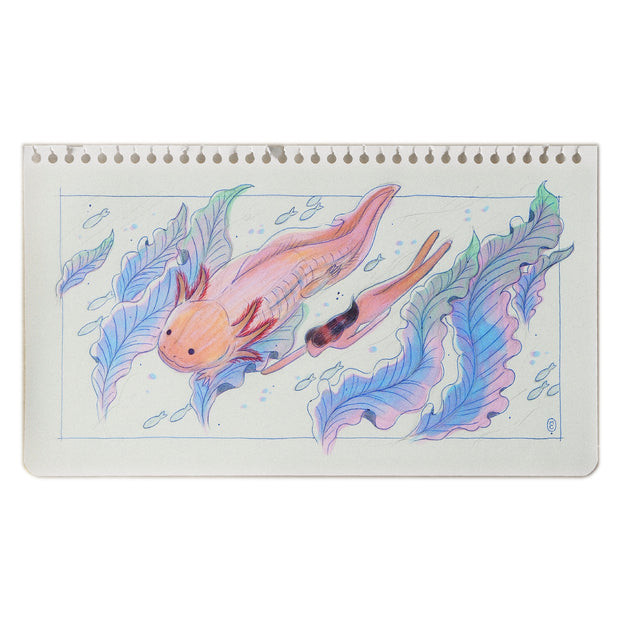 Illustration of a nude girl swimming with an axolotl along with some pink and blue sea flora.