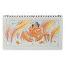 Illustration of an orange crab, with a small blue haired woman riding atop of it as they stand amongst large orange sea leaves.