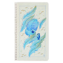 Illustration of a blue woman swimming alongside of a blue cuttlefish, much bigger in size.