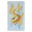 Illustration of a nude woman swimming alongside a large otter, through blue and orange sea leaves.