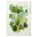 Notebook page with illustrations of several green beetles of different varieties and leaves.