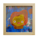 Illustrative painting of a orange flame flicker, designed like Calcifer from Howl's Moving Castle. Background is made of semi abstract blue and pink, with diamond pattern and flowers.