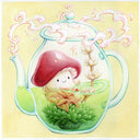 Illustration of a mushroom character inside a clear teapot with blooming tea floral elements on a yellow background. Abstract smoke comes out of the spout.