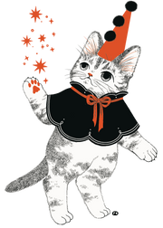 Die cut sticker of a cat dressed as a magician, holding up orange sparkles in one paw.