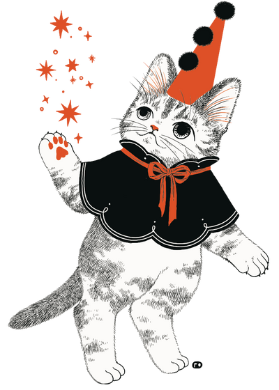 Die cut sticker of a cat dressed as a magician, holding up orange sparkles in one paw.