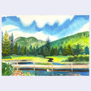 A watercolor landscape painting featuring a bridge over a stream, evergreen trees, rolling green hills, and a blue sky with soft white clouds.