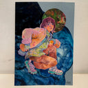 A colorful watercolor-style painting depicting a seated figure in pink, green, and orange tones against a dark blue and black background, photographed against a light wall.