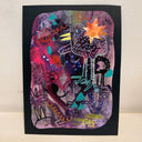An abstract mixed-media painting of a stylized bird and organic shapes in purple, pink, black, orange, and teal, presented on a black background against a textured off-white wall.