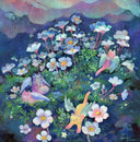 Colorful illustration of a grassy hill with lots of blooming white flowers. Small, colorful cats with angel wings frolic.
