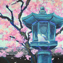 Painting of a stone lantern in front of a cherry blossom tree.