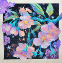 Painting of florals and a small angel cat positioned on a branch.