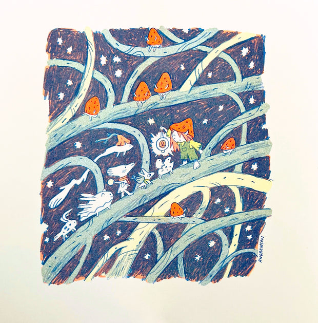 Risograph print of a small character holding a lantern and leading a procession of tiny creatures along a branch, with strawberry looking bugs around.
