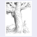 A black and white line art illustration of a large tree trunk with branches, foliage, and small plants at the base, centered on a white background with a light gray outer margin.
