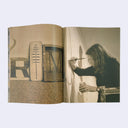 Interior 2 page excerpt, 2 full bleed photograph - one of several artworks by Margaret Kilgallen placed on the ground next to one another, the other of Margaret painting on a ladder.