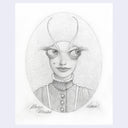 Softly rendered graphite illustration on off white paper of a mantid dressed in fancy clothes and depicted like a portrait, seen only from the neck up.