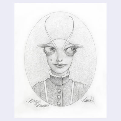 Softly rendered graphite illustration on off white paper of a mantid dressed in fancy clothes and depicted like a portrait, seen only from the neck up.