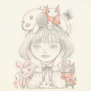 Illustration of a girl with small creatures and cute characters around her head and shoulders. She smiles slightly and holds her head in her hands.