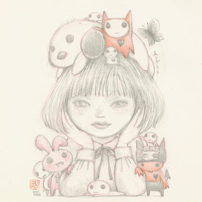 Illustration of a girl with small creatures and cute characters around her head and shoulders. She smiles slightly and holds her head in her hands.