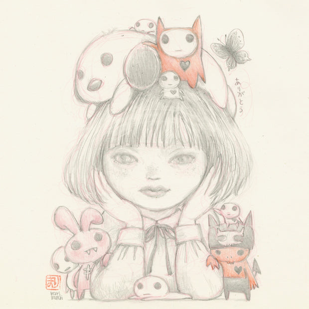 Illustration of a girl with small creatures and cute characters around her head and shoulders. She smiles slightly and holds her head in her hands.