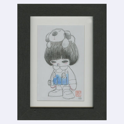 Pencil and watercolor drawing of a cartoon girl with a large head and black bowl cut. She wears blue overalls and large chunky shoes and cries. A dog rests atop her head. 