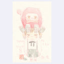 Illustration of a character with a pink Pigmon character atop her head, which slighly resembles a Furby.