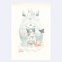 Soft toned colored pencil and watercolor drawing of 2 girls wearing hats with pointed ear designs, one behind the other like posing for a photo. Behind them is a large Totoro with some flowers and other characters.