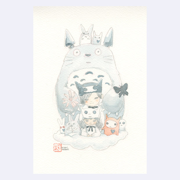 Soft toned colored pencil and watercolor drawing of 2 girls wearing hats with pointed ear designs, one behind the other like posing for a photo. Behind them is a large Totoro with some flowers and other characters.