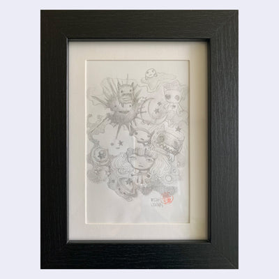 Pencil drawing featuring delicate lines and soft shading of a doodle style composition. A girl is among many monsters and creatures, cute but with frightening expressions. Stars and planets are nearby. Piece is in thick black frame.