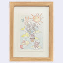 Framed illustration of a hot air balloon with a small blue character in the basket. Balloon has a butterfly and botanicals design. Other characters fly in the sky close by.