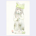 Illustration of a girl wearing a frog hat and a dress with sunflowers on it, standing with her head tilted and hands clasped.