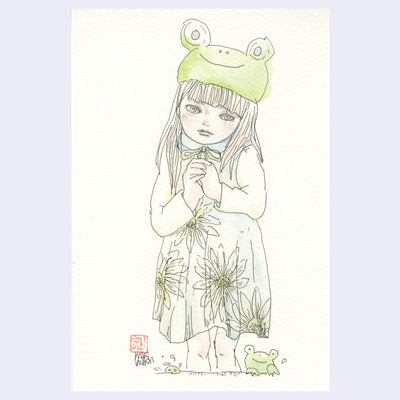 Illustration of a girl wearing a frog hat and a dress with sunflowers on it, standing with her head tilted and hands clasped.
